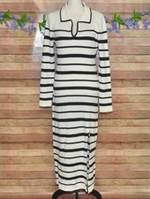 Knit Striped Polo Dress Casual Long Sleeve V Neck Slit Midi Bodycon Size XL