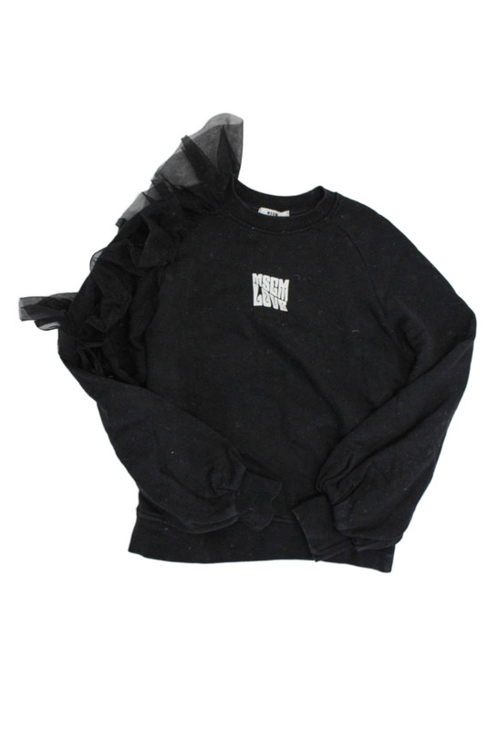 MSGM Girls Cotton Ruffled Balloon Sleeve Crew Neck Sweatshirt Black Size 14