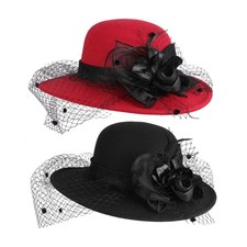Women Flower Decor Bowler Fedora Hat with Veil Floppy Brim Felt Church Party Cap