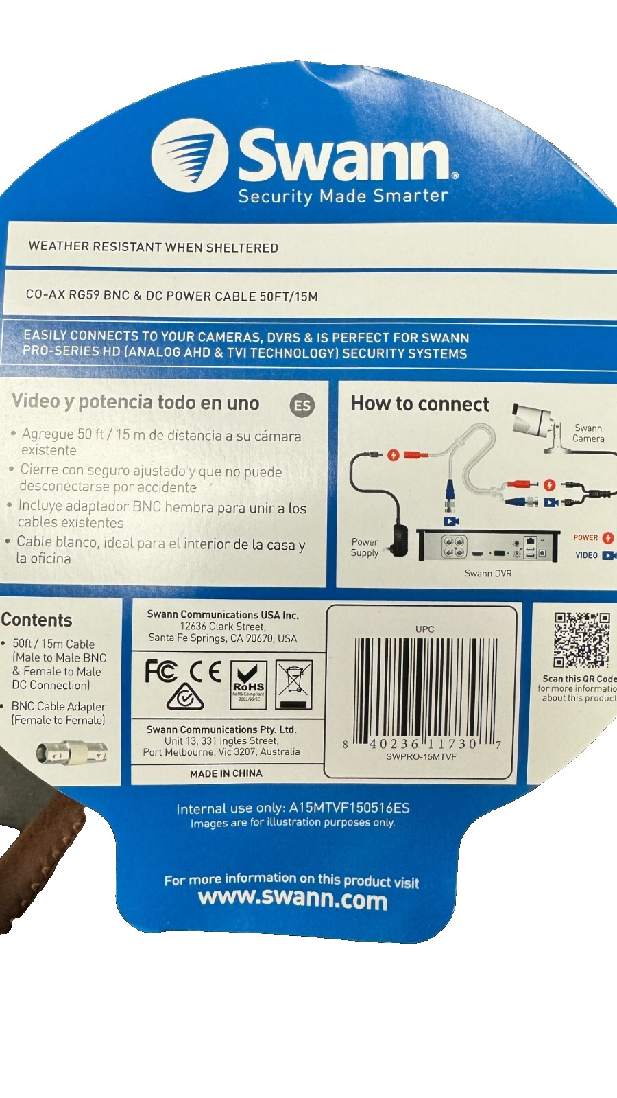 Swann 15m/50ft BNC 960H/AHD/TVI Extension Surveillance Camera Cable, White