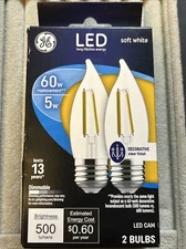 GE Dimmable Soft White 60W LED Clear Bent Tip Decorative CAM Bulbs, Pack Of 2