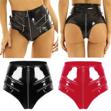 Women's Sexy PVC Leather Panties Latex Lingerie High Waist Zip Crotch Underwear