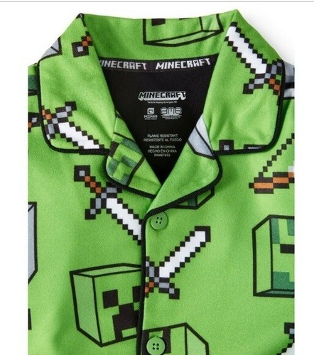 MINECRAFT Pajamas Boys 4/5 NEW Green Flannel L/S Button Shirt Pants Pjs Set NWT - Picture 2 of 5