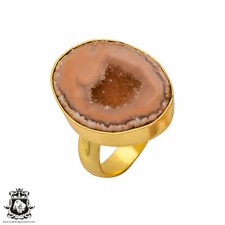 Size 8.5 - Size 10 Adjustable Rhodochrosite Geode 24K Gold Plated Ring GPR273