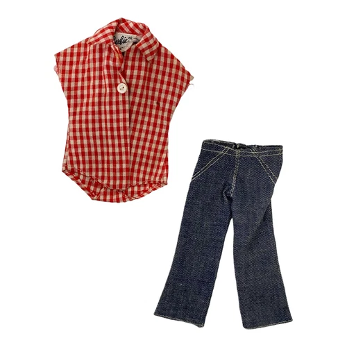 Vintage Era PICNIC SET Barbie Gingham Blouse Blue Jeans 1959 to 1961 #967
