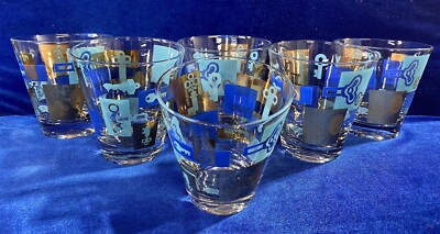 Set of 6 Vintage MCM McBeth Signed Blue & Gold Key Design Glasses Barware 4''