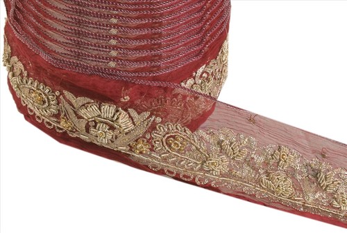 Sanskriti Vintage Saree Border Hand Beaded Craft Zari Trims 1 Yard Ribbon Maroon - Picture 6 of 8