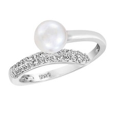Mesmerizing White Pearl Cubic Zirconia Bypass Sterling Silver Adjustable Ring