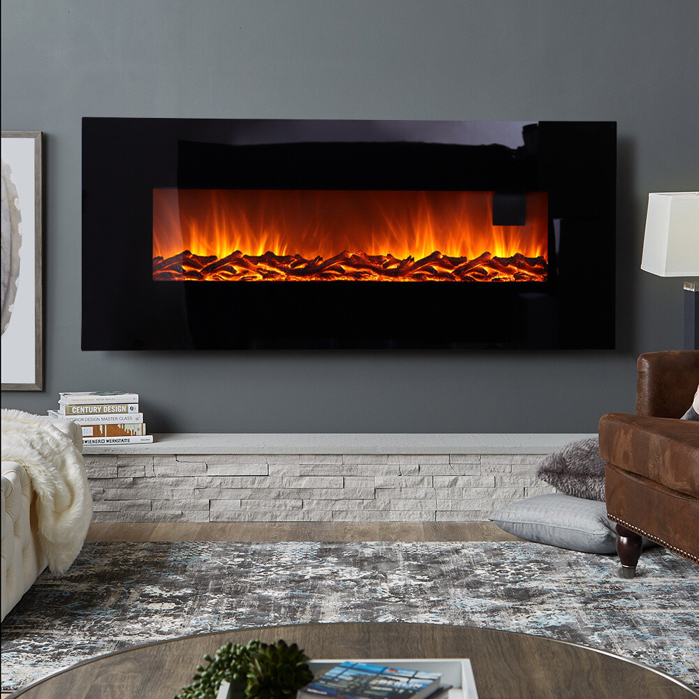 Electric Fireplace 50u0026#034; On-Wall Hanging Flat Glass Electric Fire LCD  with Remote | eBay