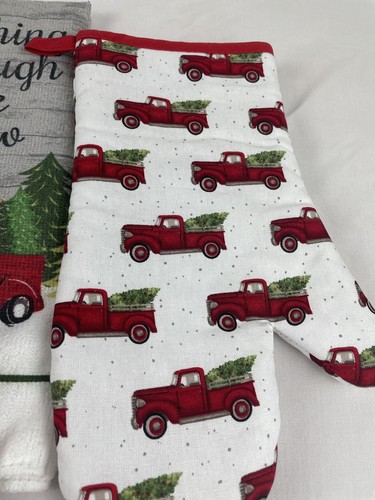 Christmas Red Truck Trees Kitchen Set Pot Holder Oven Mitt Towel Decor 3 Piece - Picture 5 of 5
