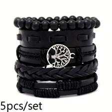 Men's Minimalist Tree Of Life Bracelet 5 Piece Set - Black