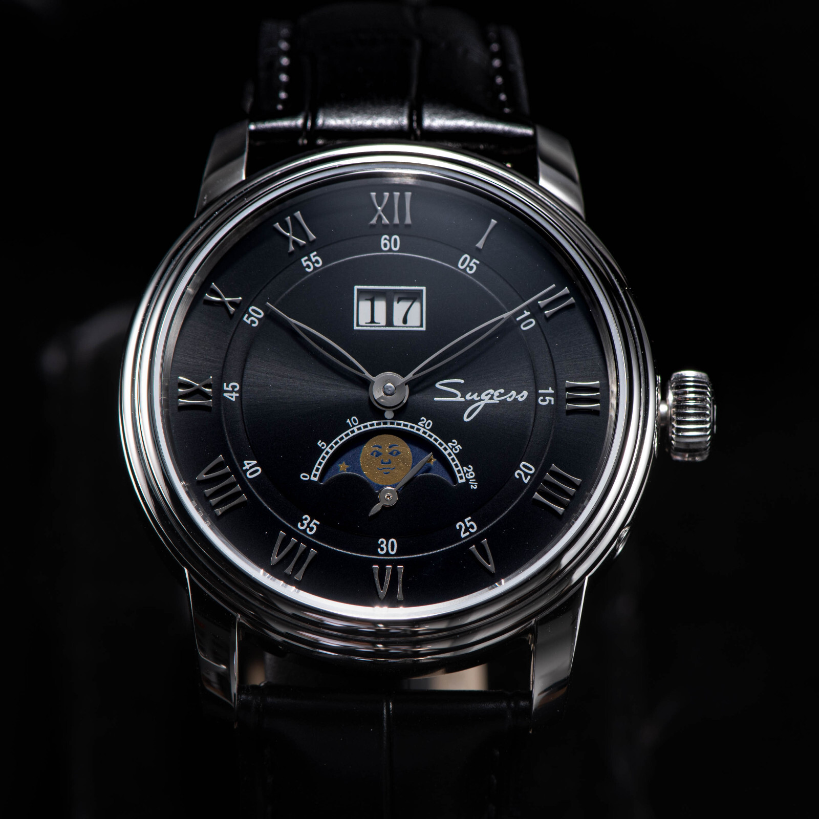 Montre Mécanique Sugess S437 MoonPhase - Boîtier Acier 41mm - Cadran Noir, Cuir - Garantie 1 An - Neuf