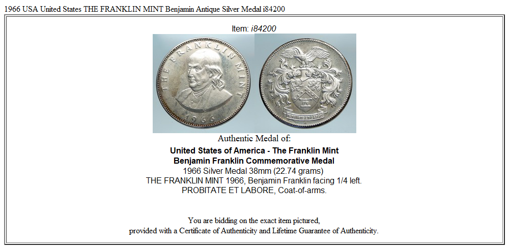 1966 USA United States THE FRANKLIN MINT Benjamin Antique Silver