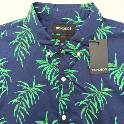 Bonobos Button Down Mens L Navy Palm Floor Water Drop Slim Fit Tropical Cotton
