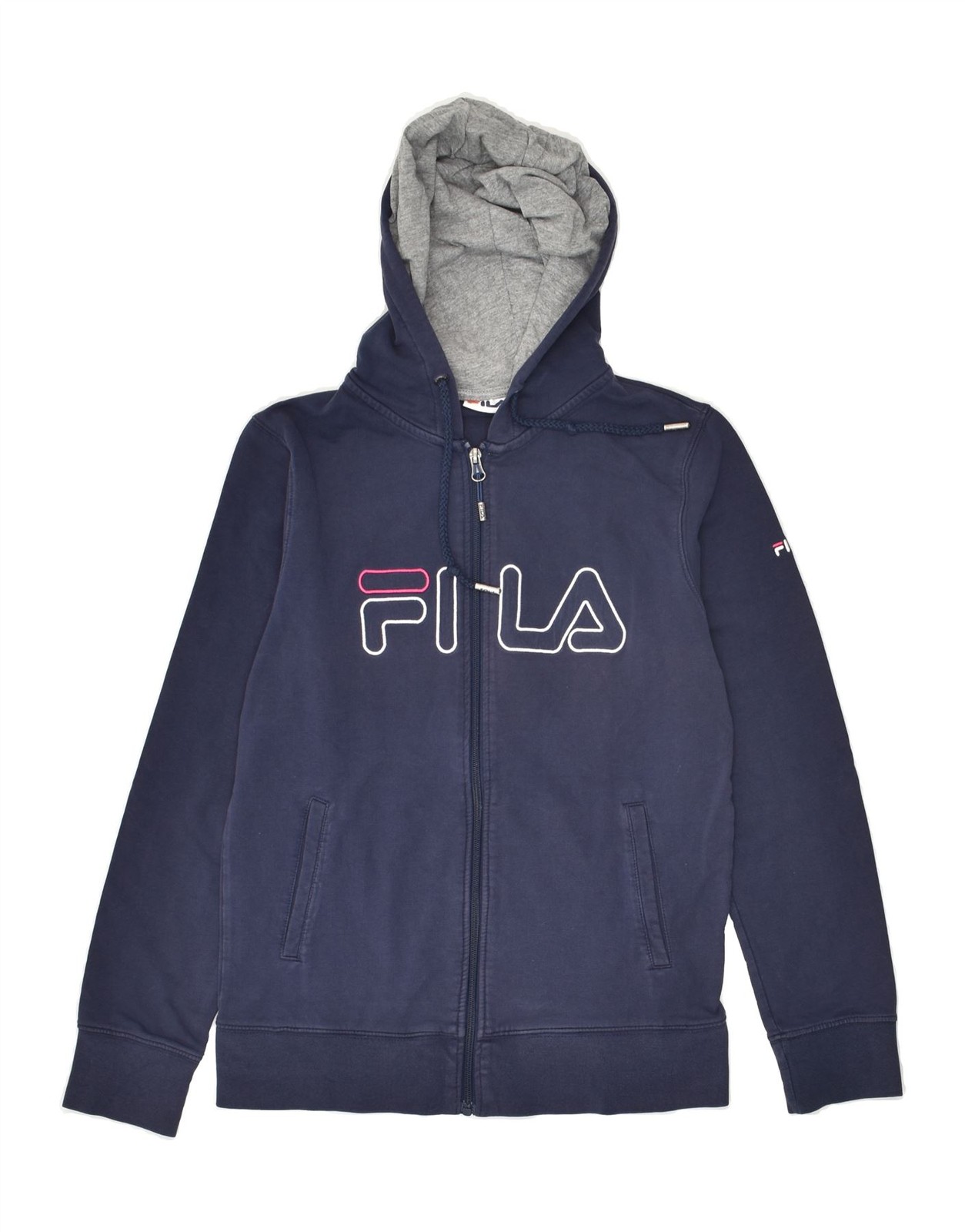 Felpa donna FILA con cappuccio e zip grafica UK 14 grande blu navy cotone BF07