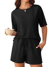 Women's Ribbed Knit Lounge Set Short Sleeve Top and Shorts Two-Piece Outfits