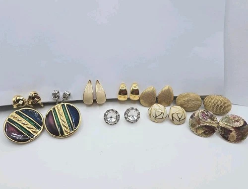 Vintage Clip On Earrings Lot Retro Gold Tone Some Signed Costume Jewelry Mix