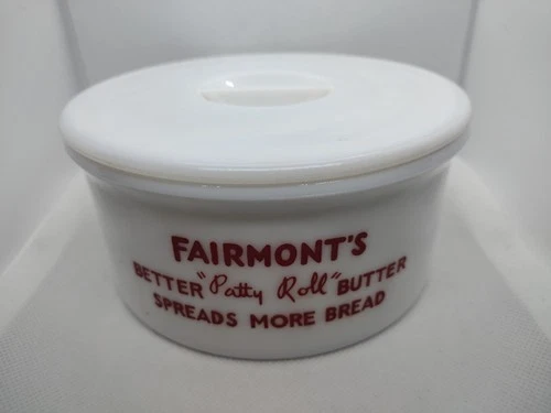 Fairmont's Butter Dish 1930s Farm Decor Advertising Red Letters White Milk Glass
