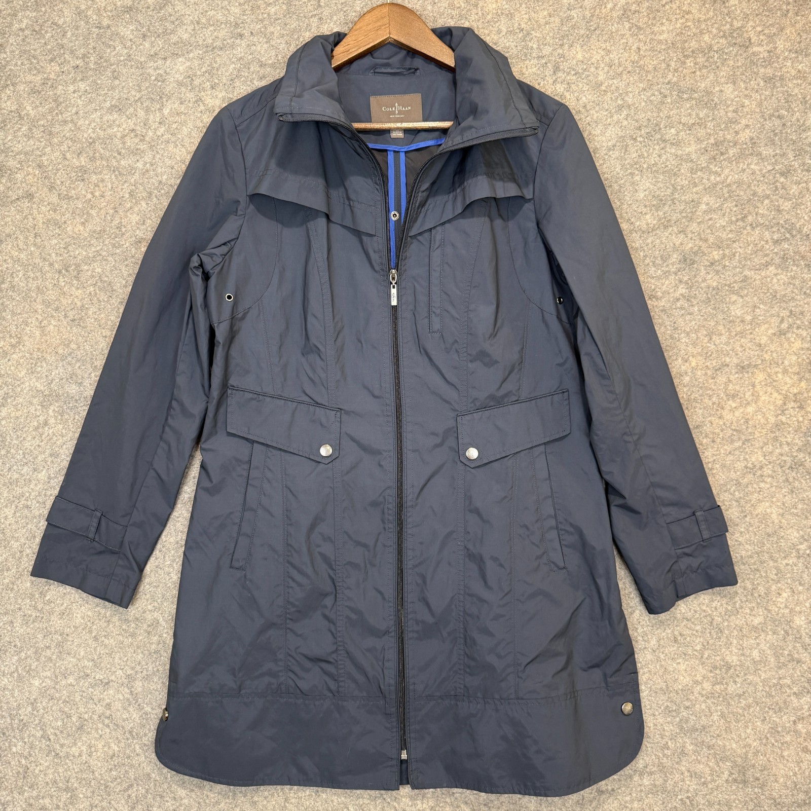 Cole Haan Raincoat Jacket Womens Medium Signature Packable Hooded Navy Blue