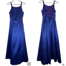 Vintage 90s Satin Blue Open Back Criss Cross Formal Evening Gown Dress Size 8