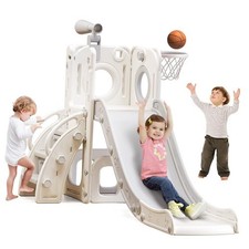 6 in 1 Toddler Playset with Slide, Kids Slide with Basketball Hoop, Ball, White