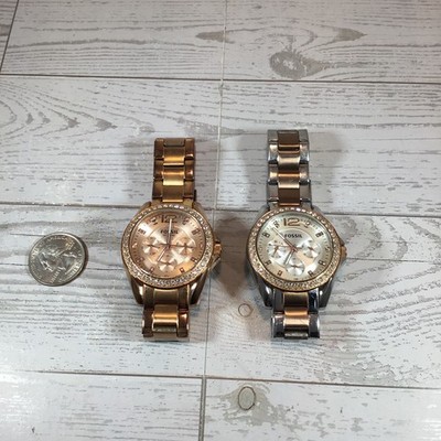 Pair Of Fossil Riley Watches Stainless Steel Analog Dial Quartz Rose Gold/Silver