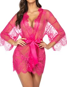 's Lace Kimono Robe Babydoll Lingerie Swimsuit Cover Up Rose Red