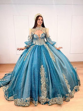 Long Sleeve Quinceanera Dresses with Gold Appliques Sparkly Sweet 16 Ball Gowns