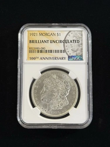 1921 $1 Morgan Silver Dollar NGC Brilliant Uncirculated 100th Anniversary Label