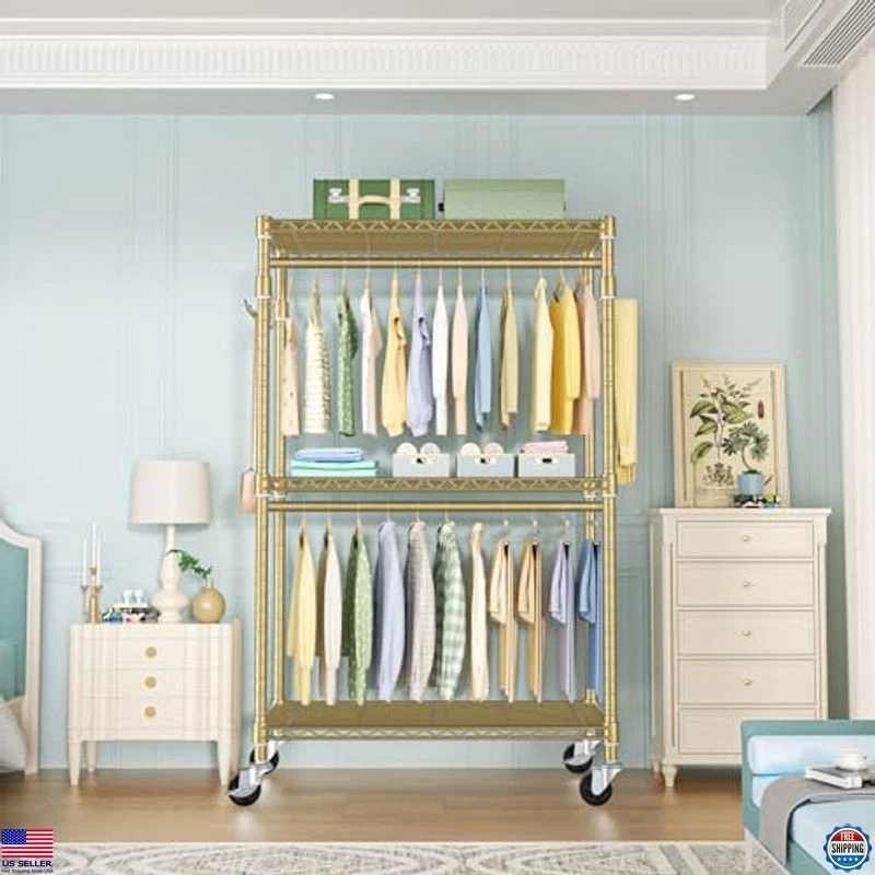 Perchero de metal móvil con ruedas bloqueables, varillas de suspensión dobles, dorado Foto 2 de 4