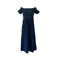 Old Navy Smocked Dress Off-The-Shoulder Navy Blue Fit & Flare Midi Sz M Tall