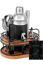  Elegant Bartender Kit with Wooden Stand, Premium Bar Set & 10 Pcs - Silver