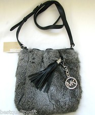 MICHAEL KORS SILVER+GRAY GENUINE FUR+BLACK LEATHER RING TOTE CROSSBODY HAND BAG