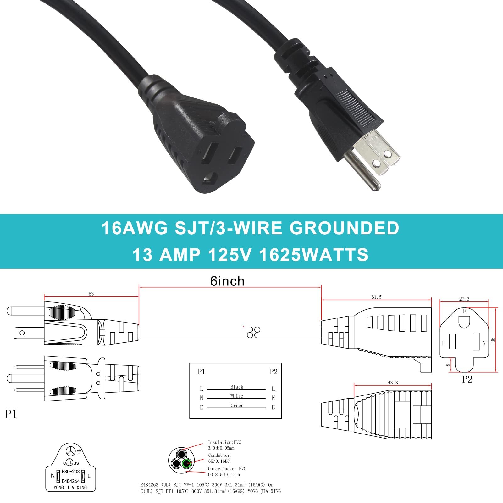 6 Pack Short 3 Prong Power Extension Cord - 6inch Black Mini Indoor Grounded ...