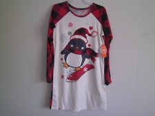 Girls Red Plaid Flannel Santa Penguin Holiday Nightgown Sleep Shirt Size 10-12