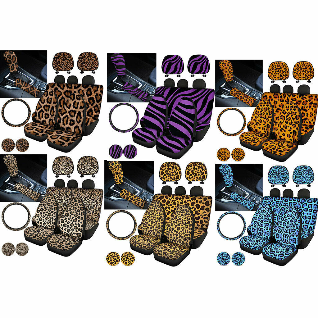 Set of 11pcs Car Seat Covers Leopard Grain Steering Wheel,Headrest Cover,Coaster