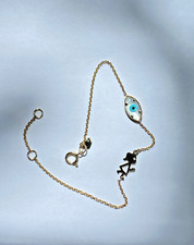 14k Yellow Gold solid Evil Eye white oval 7.5 inch Girl BRACELET Greece Mataki