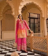 Presenting New Chinon Silk Top Palazzo With Pink Dupatta For Women