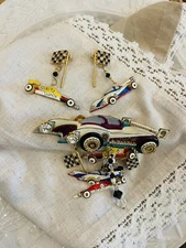 Lunch At The Ritz Formula One Type Car Brooch/Pendant And Pierced Earrings