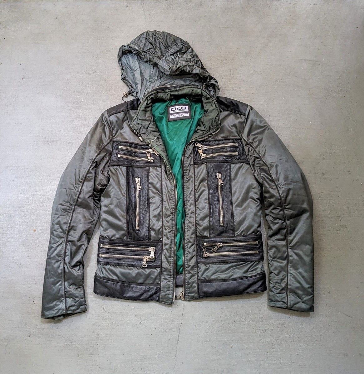 Dolce & Gabbana Leather Nylon Jacket Green Hoodie Men's Size 52