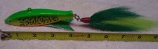 BEAUTIFUL 8" OVERALL WOOD ICE SPEARING DECOY DARTING DECOY  GREEN YELLOW TAIL