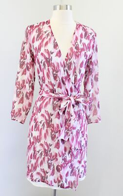 Jill Stuart Pink Ivory Tulip Floral Print Silk Wrap Tie Dress Size S *read