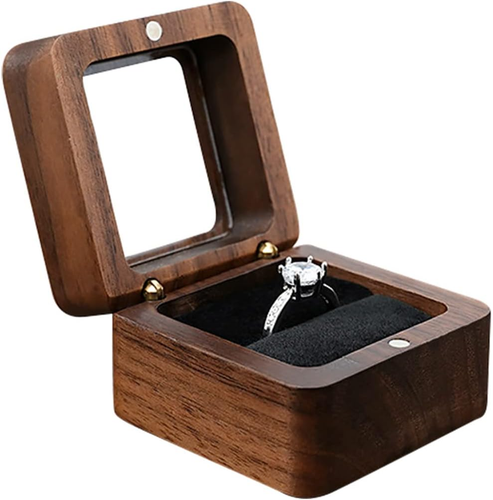 Wooden Ring Box, Mini Engagement Ring Holder Box with Transparent Cover, Square