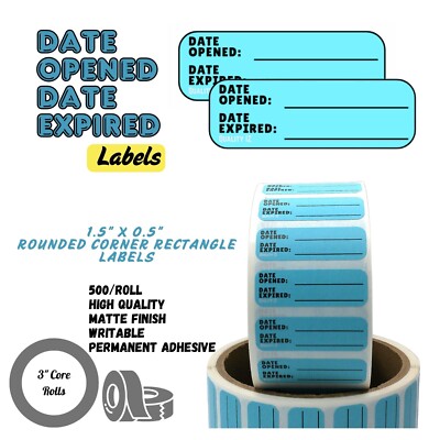 Date Opened Date Expired Labels, 1.5'' x 0.5'' (Blue, 500/roll) SKU# 655457567653