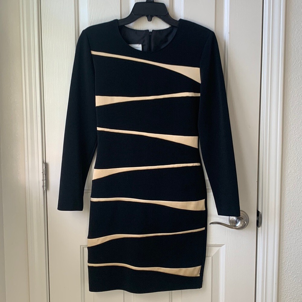 joseph ribkoff black and gold dress bandage bodycon long sleeve mini size 4 Vtg RSH-10.22.25