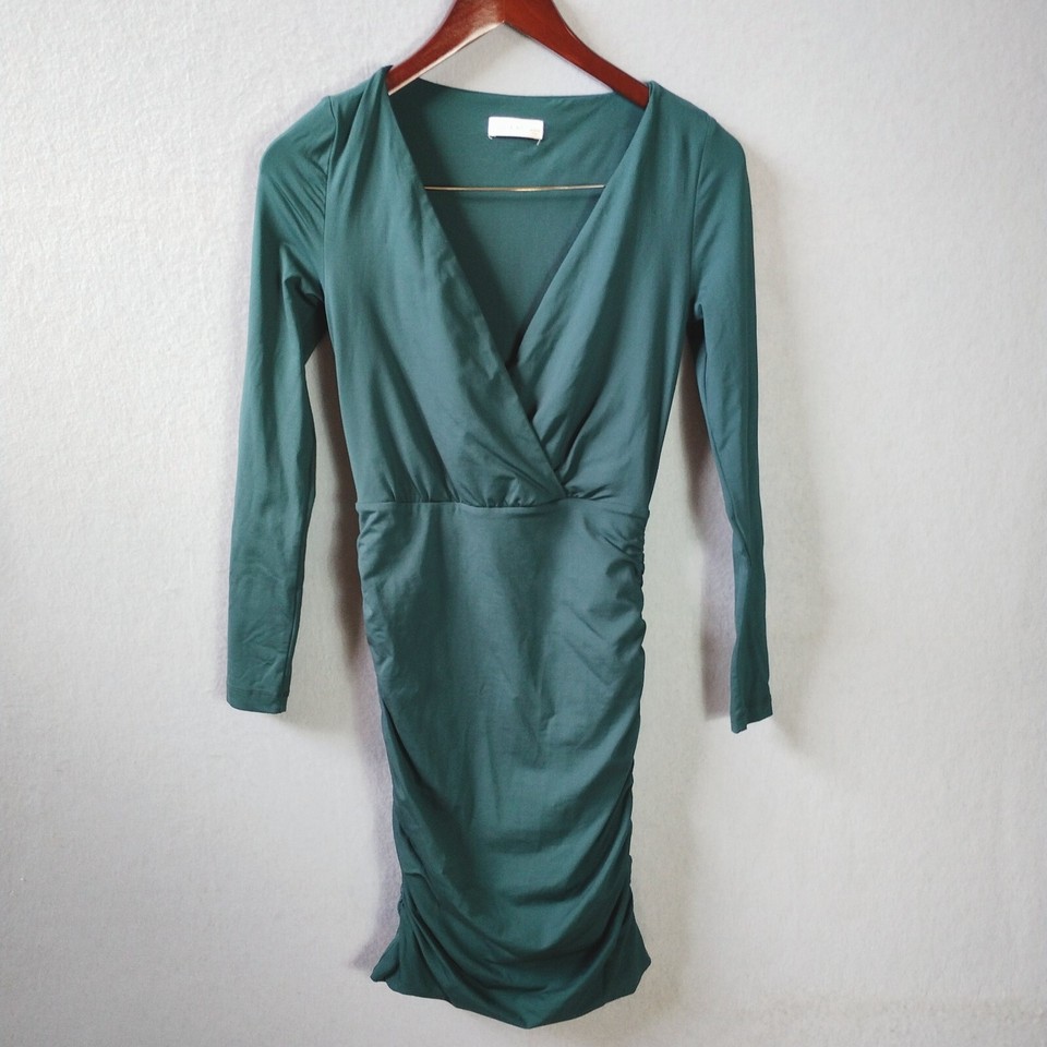Kookai Women Size 1 Green Bodycon Stretchy Dress Side Ruching Long Sleeve V Neck