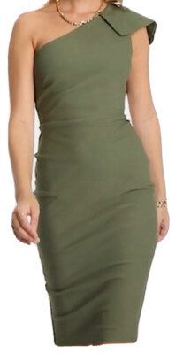 Vesper one shoulder cap sleeve pencil dress in khaki sz10 UK