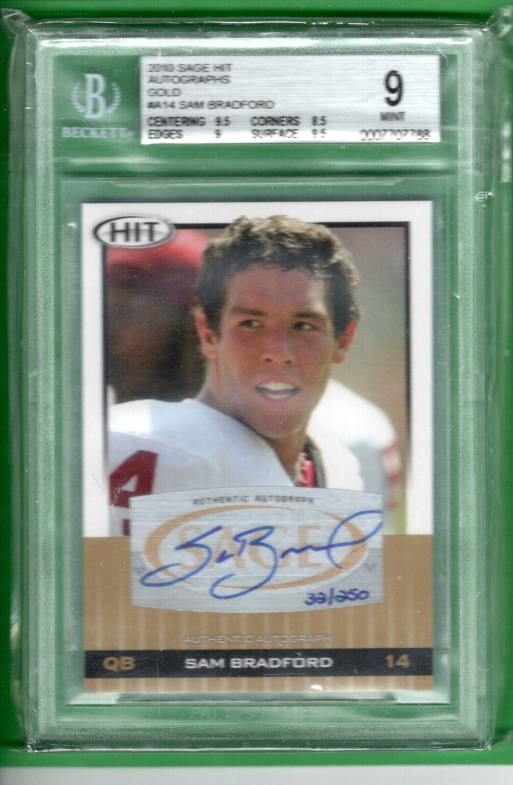 Sam Bradford Autographed Signed Los Angeles Rams 2010 Sage Hit Rookie #A14 Beckett mint 9 #32/250 