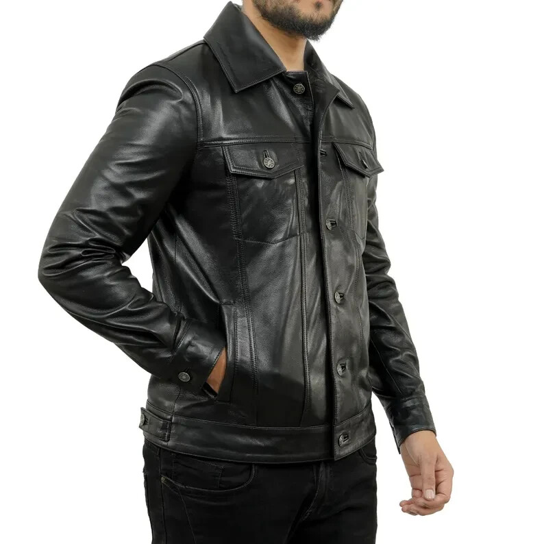 ALTRA Giacca uomo camionista pelle nera vera pelle di agnello classica anni 80 western giacche