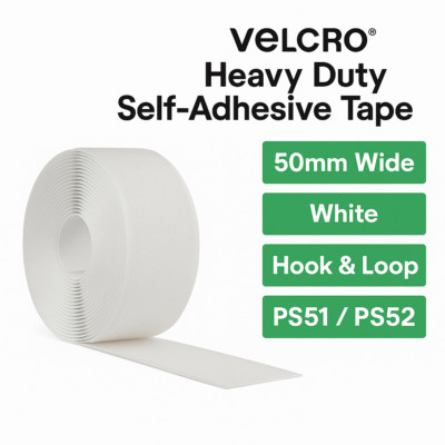 VELCRO  Heavy Duty Klebeband 50 mm - Haken, Schlaufe oder Paar - selbstklebend weiß